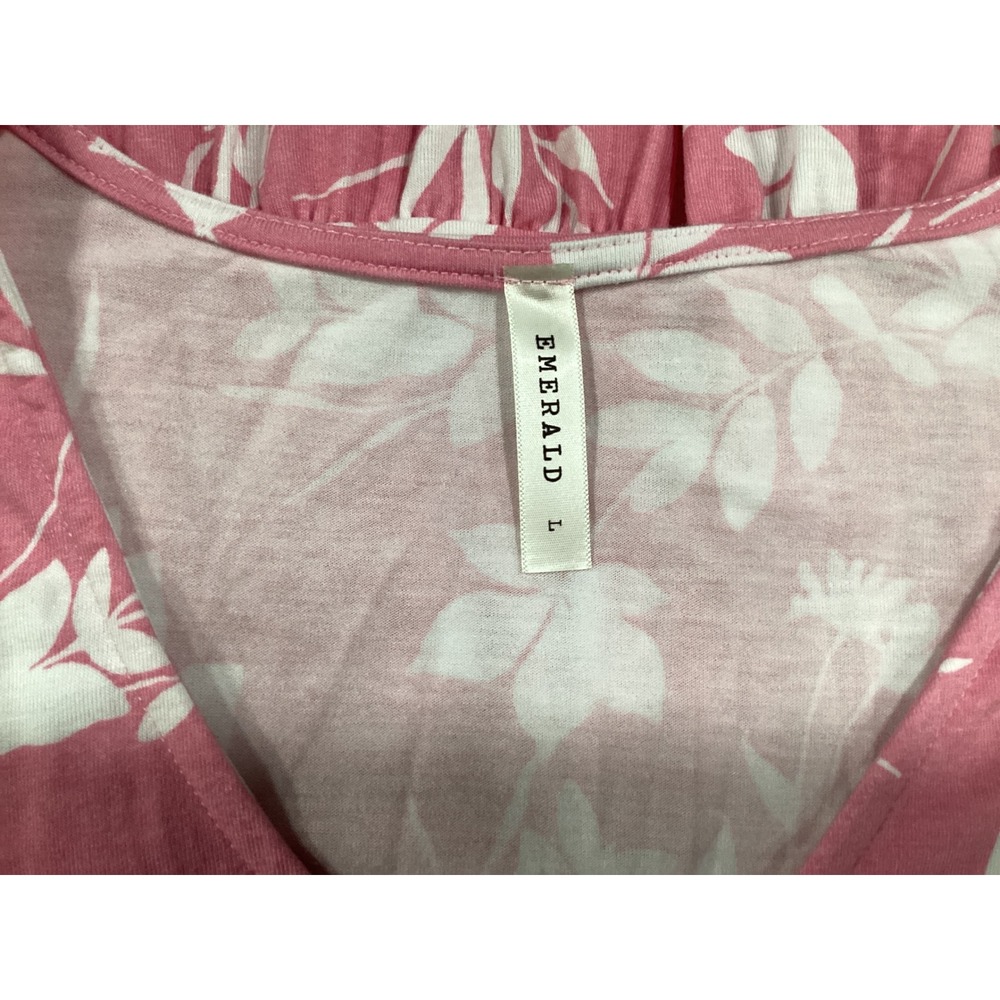 Emerald Pink White Floral Tiered Ruffle V Neck Tunic Top Womens Size L - Picture 3 of 3